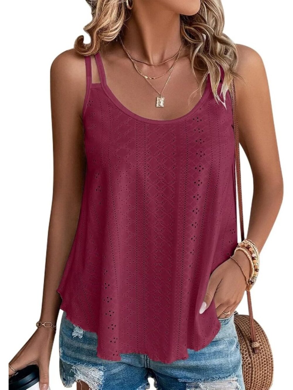 Women's Wine Red Eyelet Spaghetti Strap Loose Flowy Scoop Neck Summer Tank Top